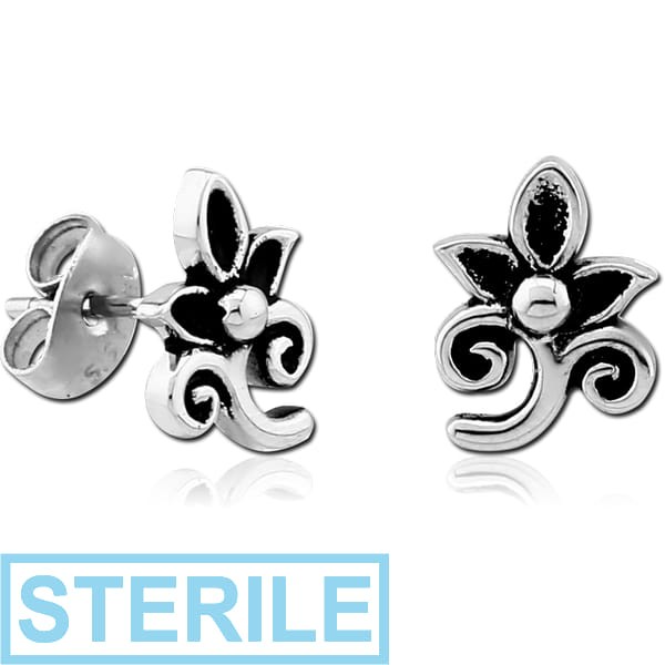 STERILE SURGICAL STEEL EAR STUDS PAIR - FILIGREE FLOWER