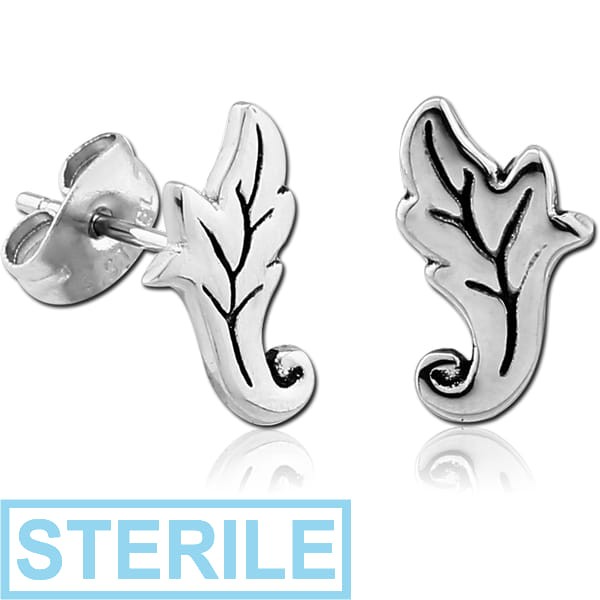 STERILE SURGICAL STEEL EAR STUDS PAIR - FILIGREE LEAF