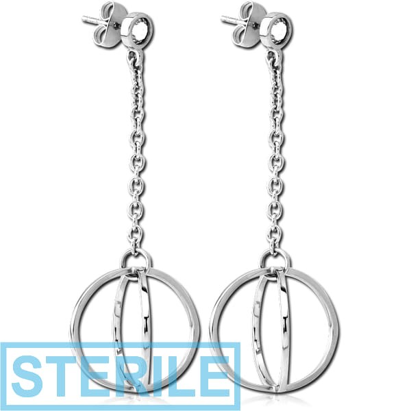 STERILE SURGICAL STEEL JEWELLED EAR STUDS PAIR - WITH CHAIN AND DANGLING CIRCLES
