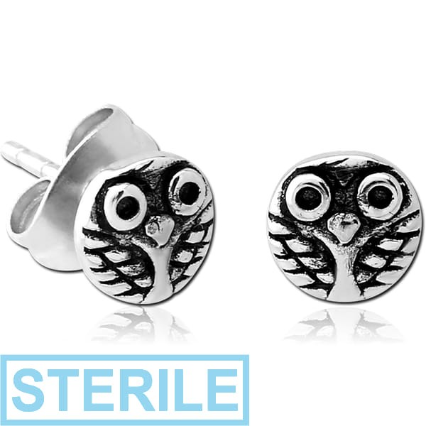 STERILE SURGICAL STEEL EAR STUDS PAIR - OWL