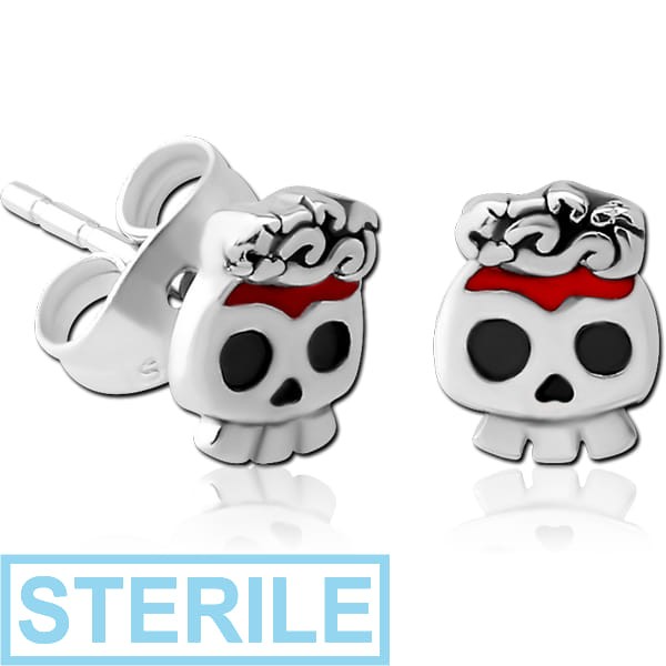 STERILE SURGICAL STEEL EAR STUDS PAIR WITH ENAMEL - CUTE SKULL