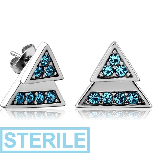 STERILE SURGICAL STEEL JEWELLED BACK EARRINGS WITH STUD PAIR - TRIANGLE