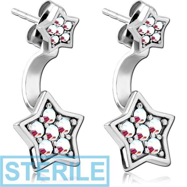 STERILE SURGICAL STEEL JEWELLED BACK EARRINGS WITH STUD PAIR - STAR