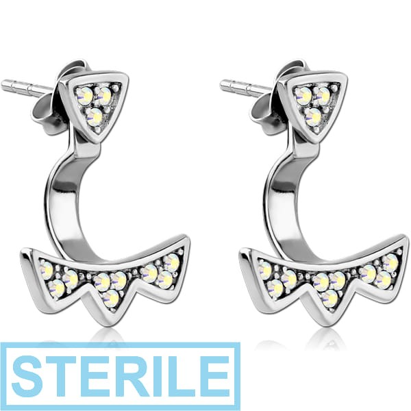 STERILE SURGICAL STEEL JEWELLED BACK EARRINGS WITH STUD PAIR - TRIANGLE