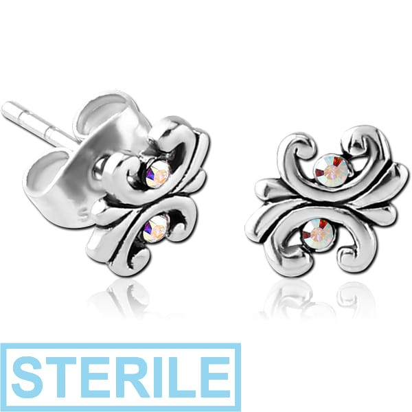 STERILE SURGICAL STEEL JEWELLED EAR STUDS PAIR - FILIGREE