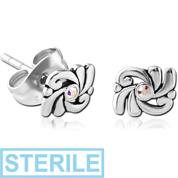 STERILE SURGICAL STEEL JEWELLED EAR STUDS PAIR - FILIGREE