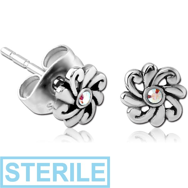 STERILE SURGICAL STEEL JEWELLED EAR STUDS PAIR - FILIGREE