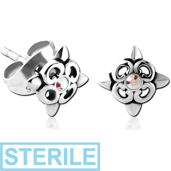 STERILE SURGICAL STEEL JEWELLED EAR STUDS PAIR - FILIGREE