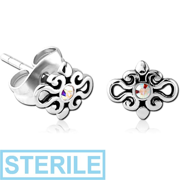 STERILE SURGICAL STEEL JEWELLED EAR STUDS PAIR - FILIGREE