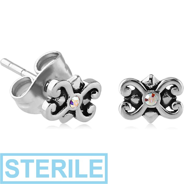 STERILE SURGICAL STEEL JEWELLED EAR STUDS PAIR - FILIGREE