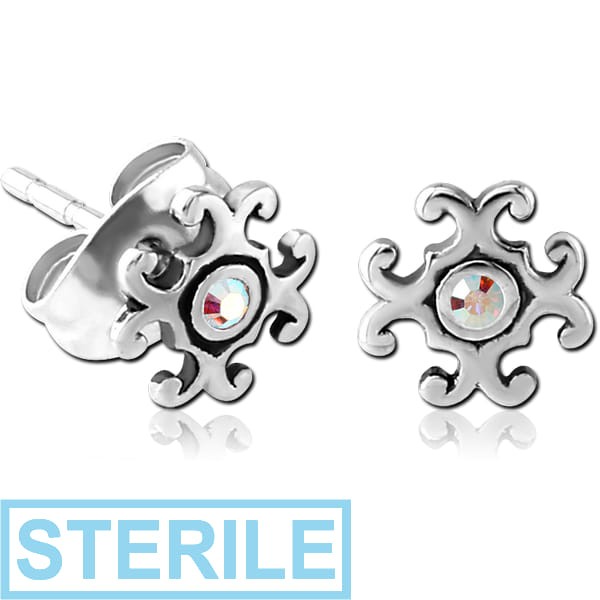 STERILE SURGICAL STEEL JEWELLED EAR STUDS PAIR - FILIGREE