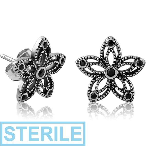 STERILE SURGICAL STEEL JEWELLED EAR STUDS - FLOWER