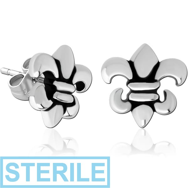 STERILE SURGICAL STEEL EAR STUDS PAIR - FLEUR DE LIS