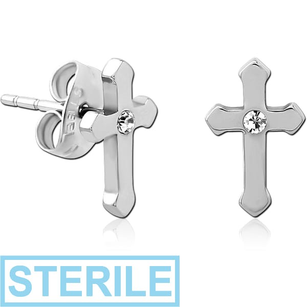 STERILE SURGICAL STEEL JEWELLED EAR STUDS PAIR - CROSS