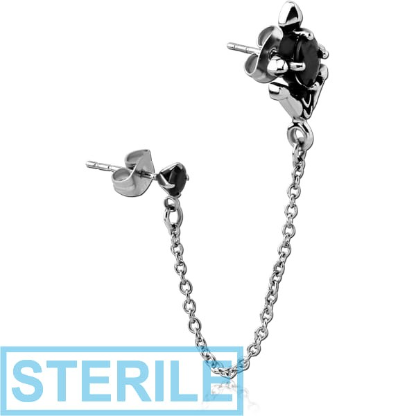 STERILE SURGICAL STEEL JEWELLED EAR STUDS WITH CONNECTING CHAIN - ANCHOR CROSS