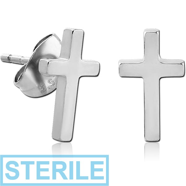 STERILE SURGICAL STEEL EAR STUDS PAIR - CROSS
