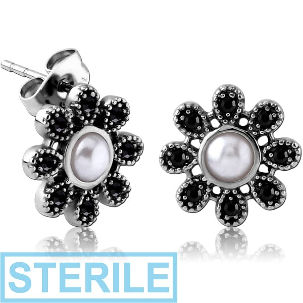 STERILE SURGICAL STEEL JEWELLED EAR STUDS PAIR WITH SYNTATIC PEARL - FLOWER