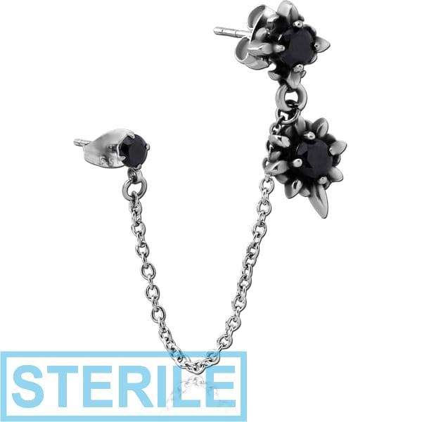 STERILE SURGICAL STEEL JEWELLED EAR STUDS WITH CONNECTING CHAIN