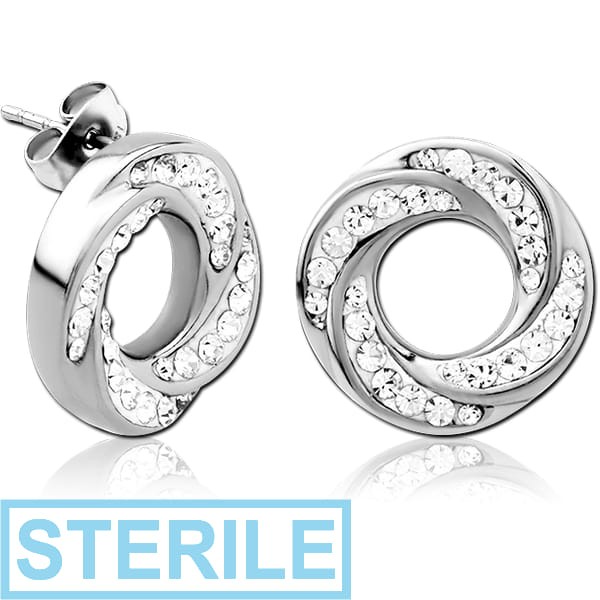 STERILE SURGICAL STEEL CRYSTALINE JEWELLED EAR STUDS PAIR - SPIRAL