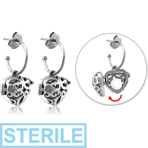 STERILE SURGICAL STEEL EAR STUDS PAIR - HEART LOCKET