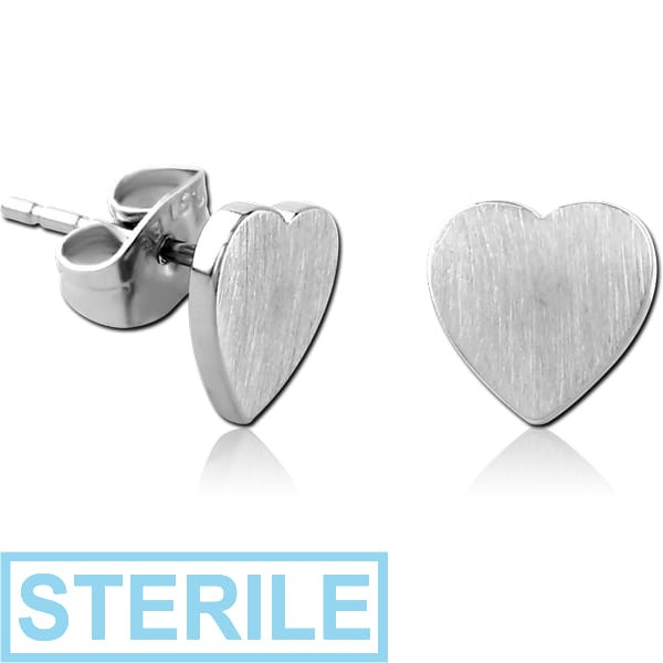 STERILE SURGICAL STEEL EAR STUDS PAIR - HEART FLAT