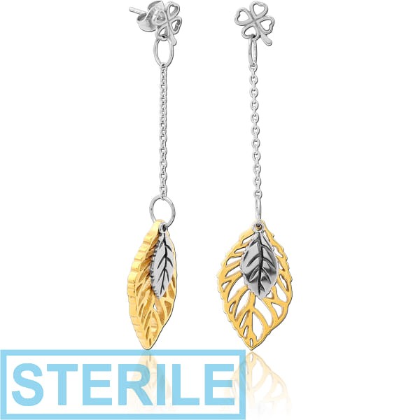 STERILE SURGICAL STEEL EAR STUDS PAIR - SHAMROCK WITH GOLD PVD