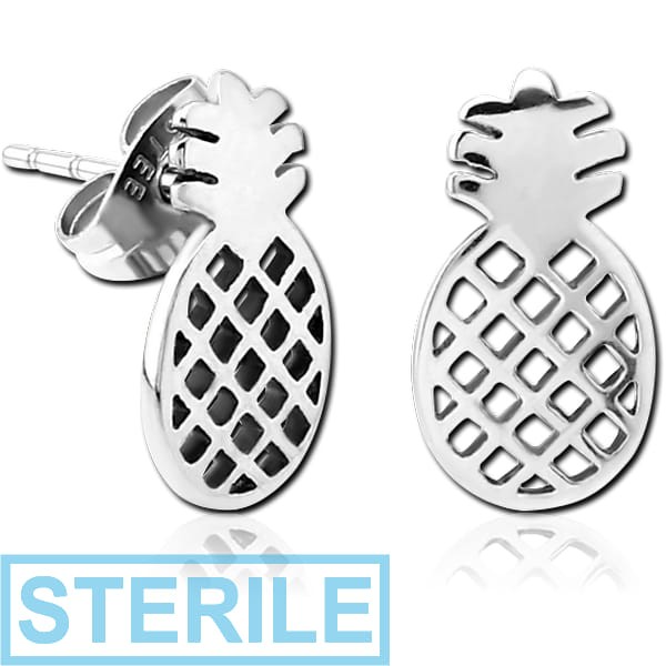 STERILE SURGICAL STEEL EAR STUDS PAIR - PINEAPPLE