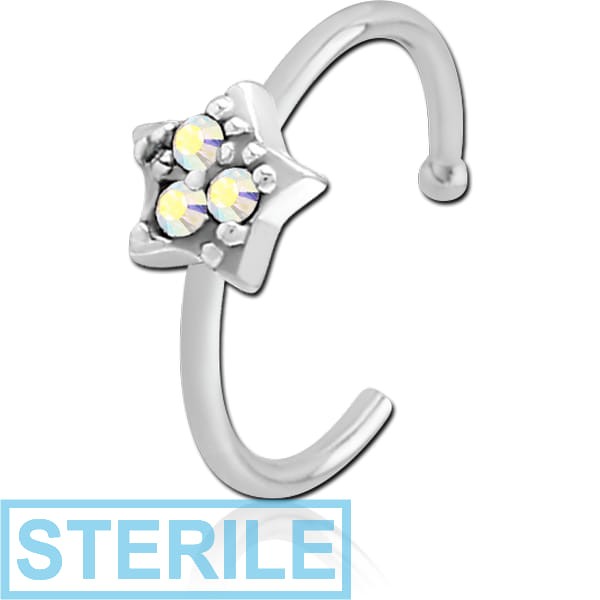 STERILE SURGICAL STEEL JEWELLED OPEN NOSE RING - STAR PRONGS