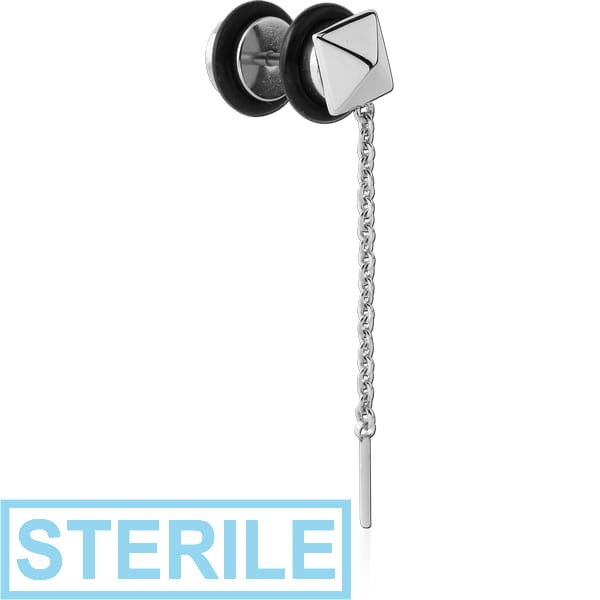 STERILE SURGICAL STEEL FAKE PLUG WITH CHAIN - PYRAMID WITH DANGLING BAR
