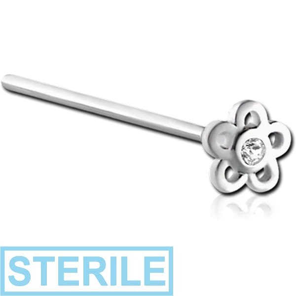 STERILE SURGICAL STEEL STRAIGHT JEWELLED FLOWER NOSE STUD