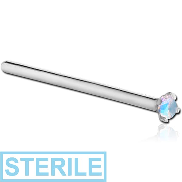 STERILE SURGICAL STEEL STRAIGHT PRONG SET 2MM JEWELLED NOSE STUD 15MM