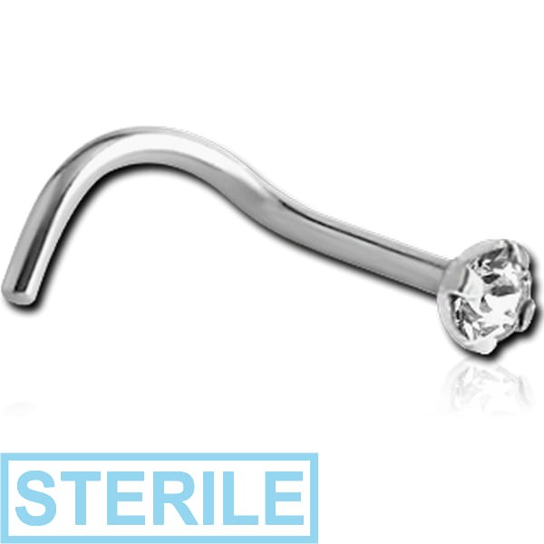 STERILE SURGICAL STEEL CURVED NOSE STUD PRONG SET DIAMOND 1.35MM