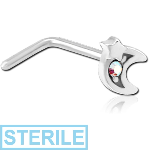 STERILE SURGICAL STEEL 90 DEGREE JEWELLED NOSE STUD CRESCENT AND STAR