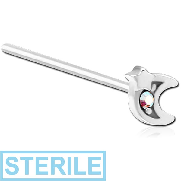 STERILE SURGICAL STEEL STRAIGHT JEWELLED NOSE STUD CRESCENT AND STAR