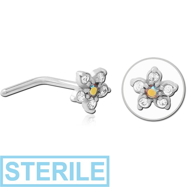 STERILE SURGICAL STEEL 90 DEGREE JEWELLED NOSE STUD -FLOWER
