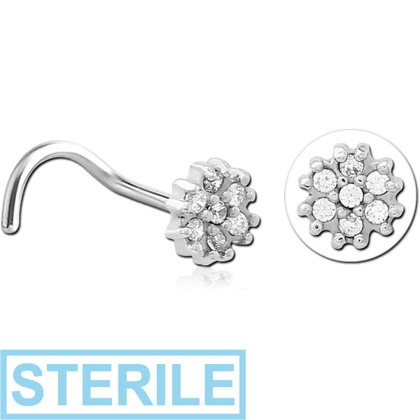 STERILE SURGICAL STEEL CURVED JEWELLED NOSE STUD - FLOWER