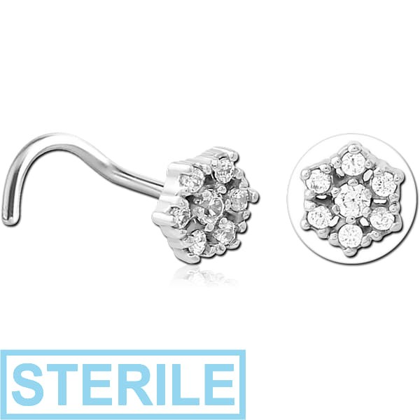 STERILE SURGICAL STEEL CURVED JEWELLED NOSE STUD - FLOWER