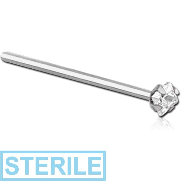 STERILE SURGICAL STEEL STRAIGHT PRONG SET SQUARE JEWELLED NOSE STUD 15MM