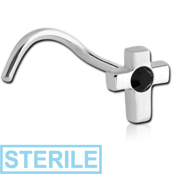 STERILE SURGICAL STEEL CURVED JEWELLED CROSS NOSE STUD