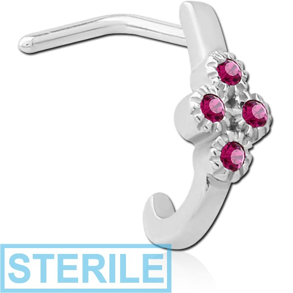 STERILE SURGICAL STEEL 90 DEGREE JEWELLED WRAP AROUND NOSE STUD - 4 GEMS