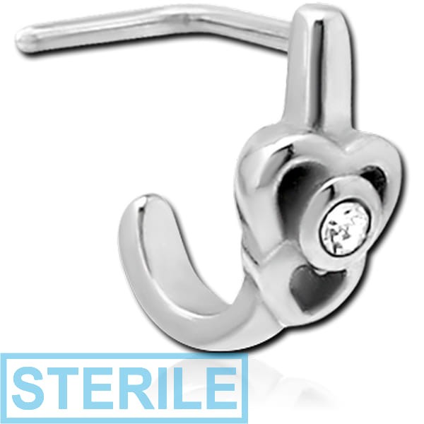 STERILE SURGICAL STEEL STRAIGHT JEWELLED WRAP AROUND NOSE STUD - TWO HEARTS