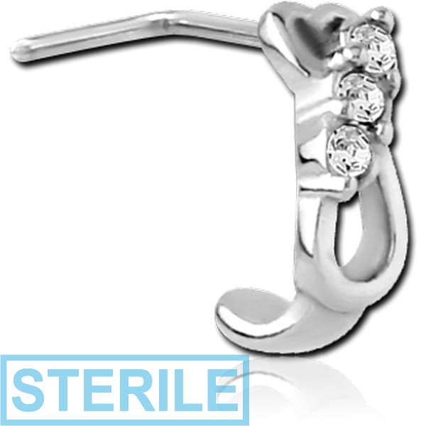 STERILE SURGICAL STEEL STRAIGHT JEWELLED WRAP AROUND NOSE STUD - TRIPLE GEM HEART