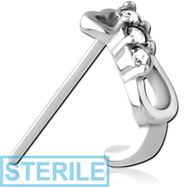 STERILE SURGICAL STEEL STRAIGHT JEWELLED WRAP AROUND NOSE STUD - TRIPLE GEM HEART