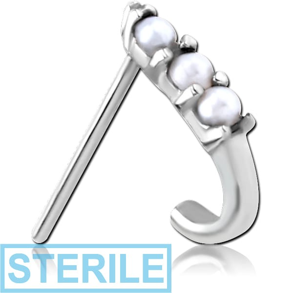 STERILE SURGICAL STEEL STRAIGHT JEWELLED WRAP AROUND NOSE STUD - TRIPLE PEARLS