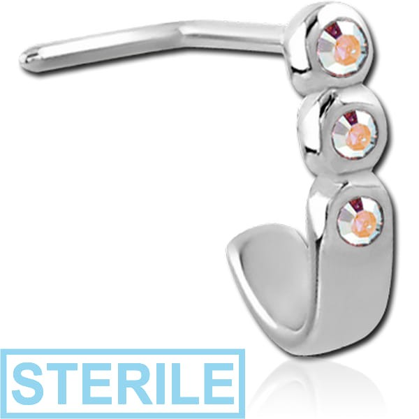 STERILE SURGICAL STEEL 90 DEGREE JEWELLED WRAP AROUND NOSE STUD - TRIPLE ROUND GEMS