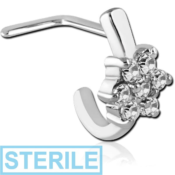 STERILE SURGICAL STEEL 90 DEGREE JEWELLED WRAP AROUND NOSE STUD - 7 GEM FLOWER