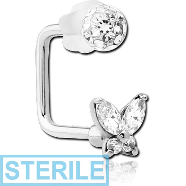 STERILE SURGICAL STEEL LIP HOOP WITH BUTTERFLY AND CRYSTALINE JEWELLED BALL