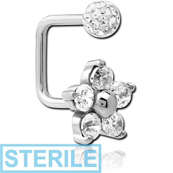 STERILE SURGICAL STEEL LIP HOOP WITH FLOWER JEWELLED AND CRYSTALINE JEWELLED BALL