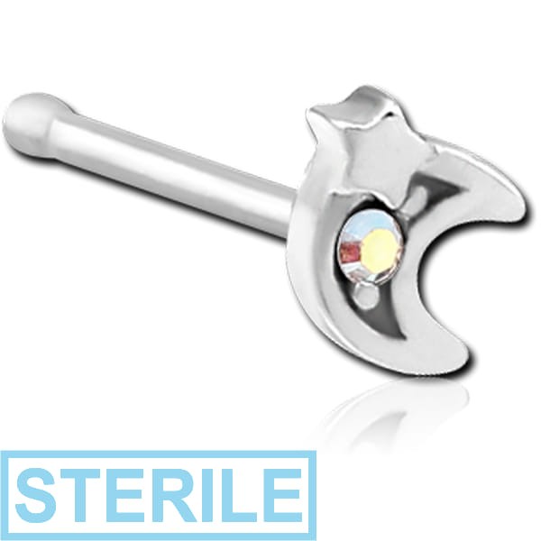 STERILE SURGICAL STEEL JEWELLED NOSE BONE - CRESCENT AND STAR