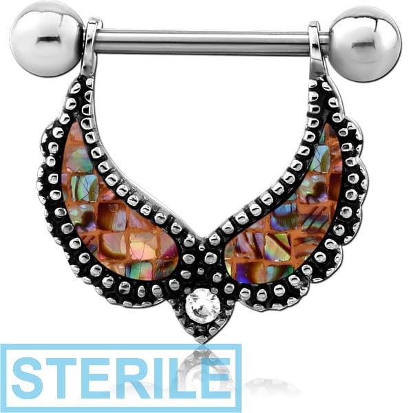 STERILE SURGICAL STEEL SYNTHETIC MOTHER OF PEARL MOSAIC NIPPLE SHIELD - ANGEL WING